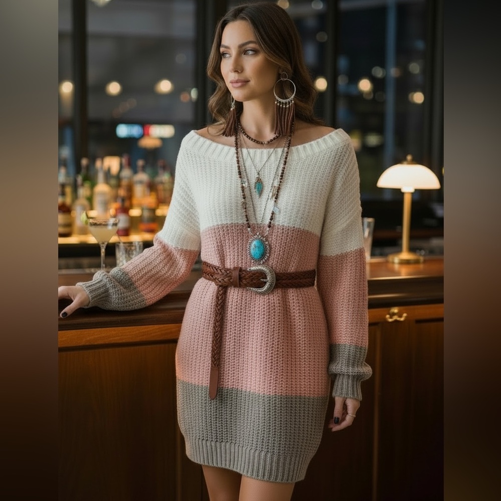 Women’s Colorblock Off-Shoulder Sweater Dress - Pink/White/Gray